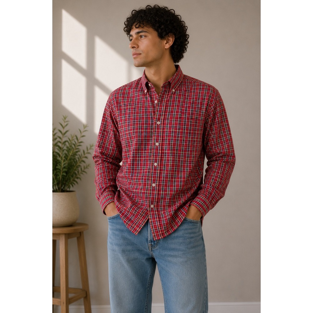 Eddie Bauerโ Mens Regular Fit Red Plaid Long Sleeve Button Down Shirt L |A1
